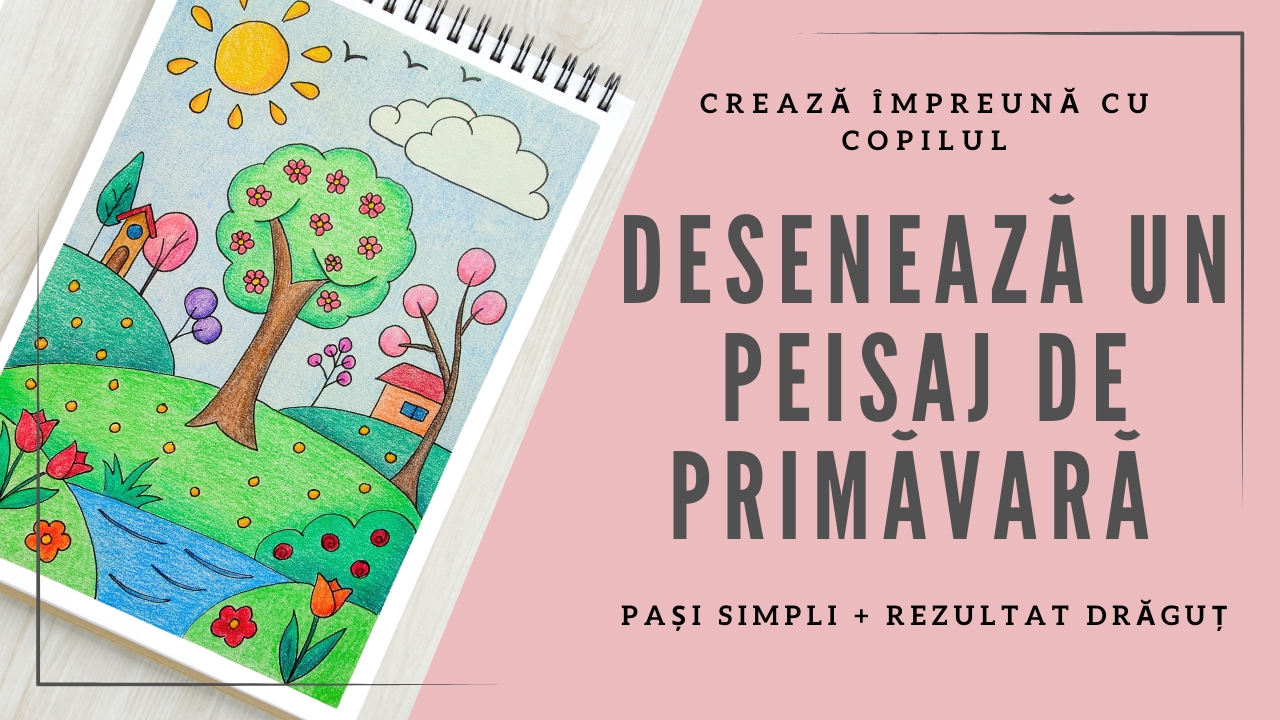 Desenează un peisaj de primăvară cu un măr înflorit
